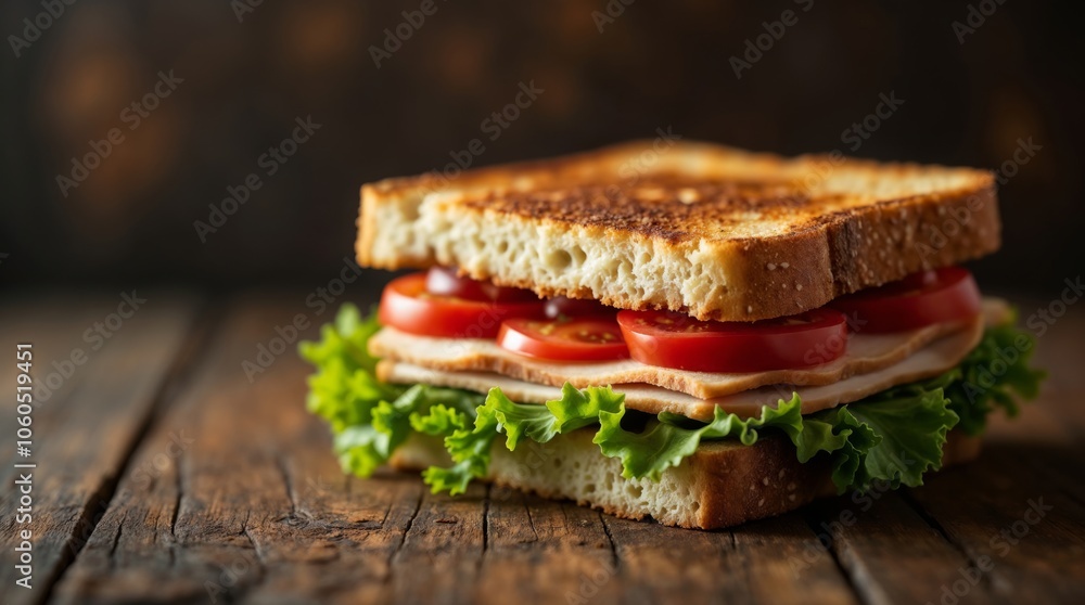 Hearty turkey sandwich with fresh veggies on rustic wood Hearty turkey sandwich with fresh veggies on rustic wood