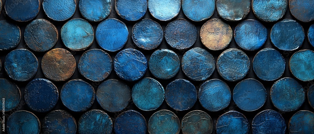 A textured arrangement of round blue discs creating a visually striking pattern. A textured arrangement of round blue discs creating a visually striking pattern.