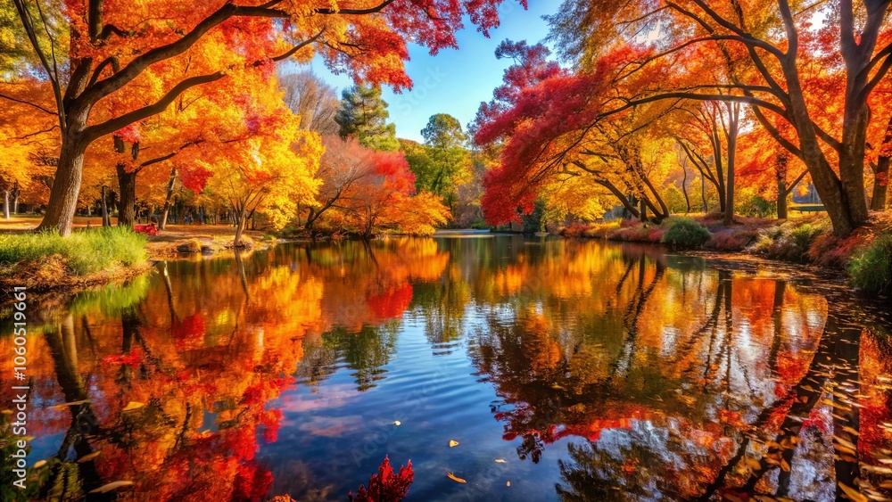 Autumnal Reflections In A Still Pond, Surrounded By Vibrant Trees With Golden And Red Leaves, Creating A Serene And Tranquil Scene Autumnal Reflections In A Still Pond, Surrounded By Vibrant Trees With Golden And Red Leaves, Creating A Serene And Tranquil Scene