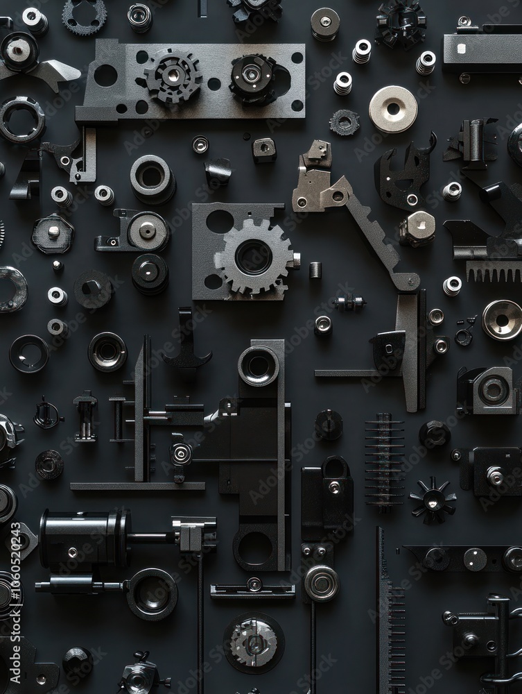 Top View of Black Metal Mechanical Parts Arranged in Knolling Layout on Dark Background Top View of Black Metal Mechanical Parts Arranged in Knolling Layout on Dark Background