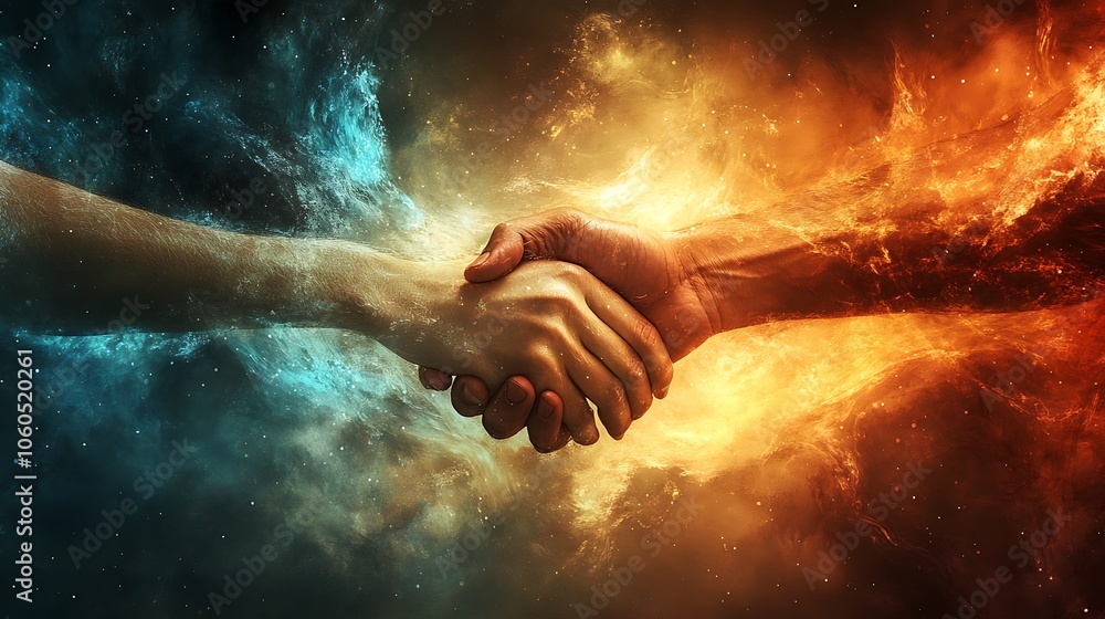 Fototapeta premium A handshake between two hands in front of a bright background