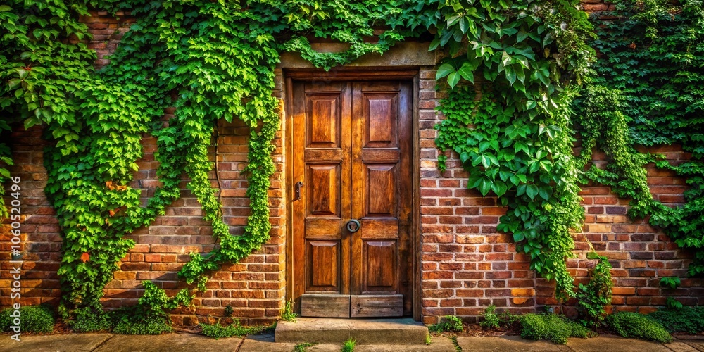 A rustic wooden door nestled within a brick wall, adorned with a vibrant tapestry of verdant vines. A rustic wooden door nestled within a brick wall, adorned with a vibrant tapestry of verdant vines.