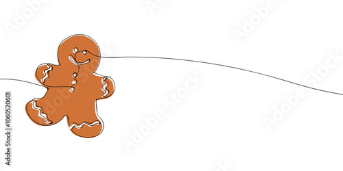 A single line drawing of a gingerbread cookies in the shape of a man. Continuous line christmas icon in color. One line icon. Vector illustration.