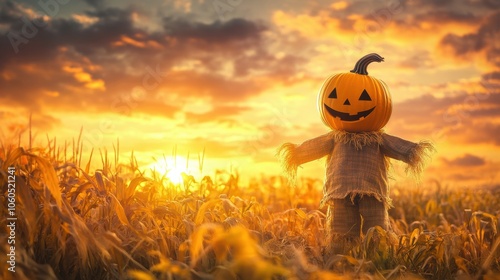 Scarecrow with pumpkin head in golden sunset over cornfield photo