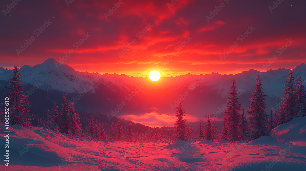 Bright Sun Over Snow-Capped Mountains and Trees Bright Sun Over Snow-Capped Mountains and Trees