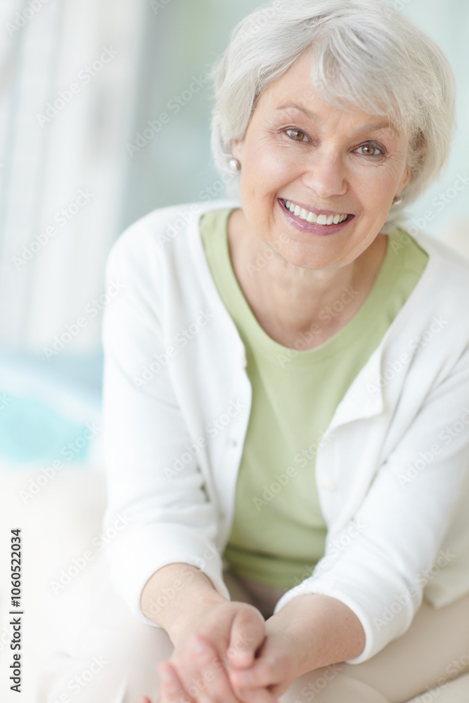 Smile, elderly woman and relax on sofa in home living room with grandma, portrait and and retirement break. Happy, senior person and weekend for rest, confidence and house lounge for memory on couch Smile, elderly woman and relax on sofa in home living room with grandma, portrait and and retirement break. Happy, senior person and weekend for rest, confidence and house lounge for memory on couch