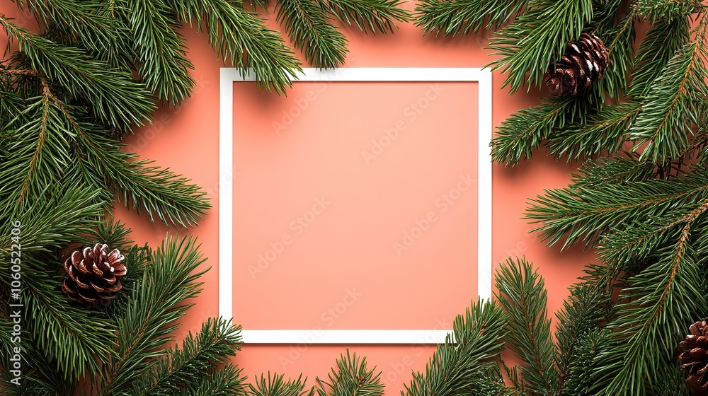 Holiday frame with pine branches and cones on coral background Holiday frame with pine branches and cones on coral background