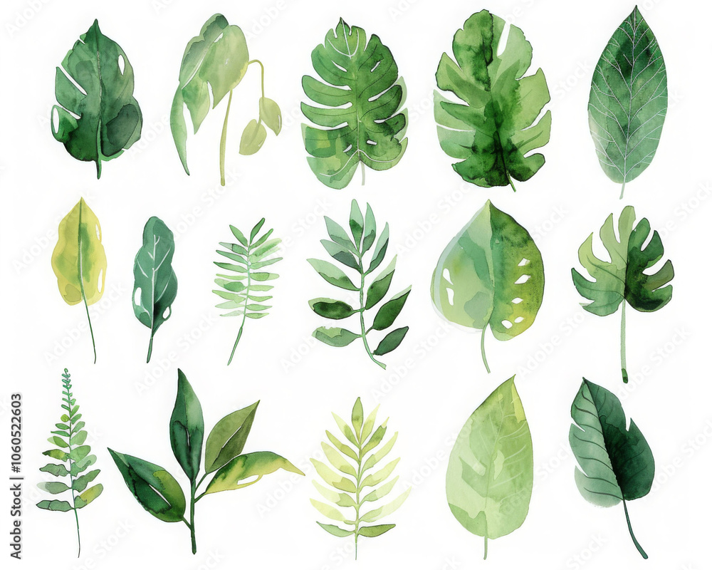 Lush green leaves in various shapes and sizes create vibrant and calming atmosphere, showcasing beauty of nature through soft watercolor art Lush green leaves in various shapes and sizes create vibrant and calming atmosphere, showcasing beauty of nature through soft watercolor art