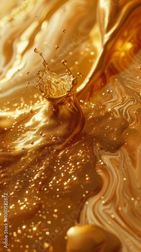 Golden liquid flows gracefully, creating stunning splash that captures essence of luxury and elegance. shimmering surface reflects light beautifully, evoking sense of warmth and richness