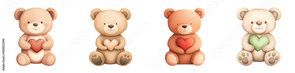 Four cute teddy bears with hearts, colorful design, white isolated background. transparent background Four cute teddy bears with hearts, colorful design, white isolated background. transparent background