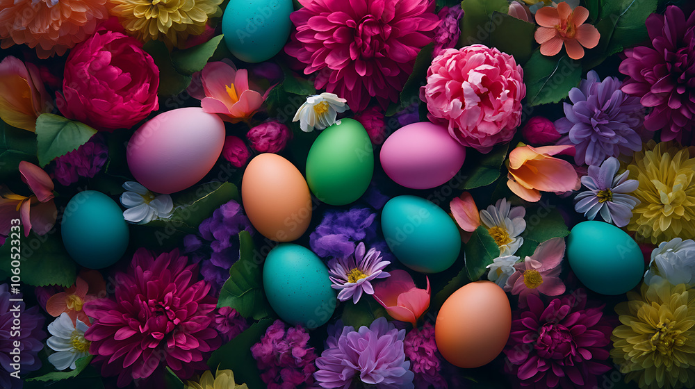 Colorful Easter eggs arranged among vibrant spring flowers. Colorful Easter eggs arranged among vibrant spring flowers.