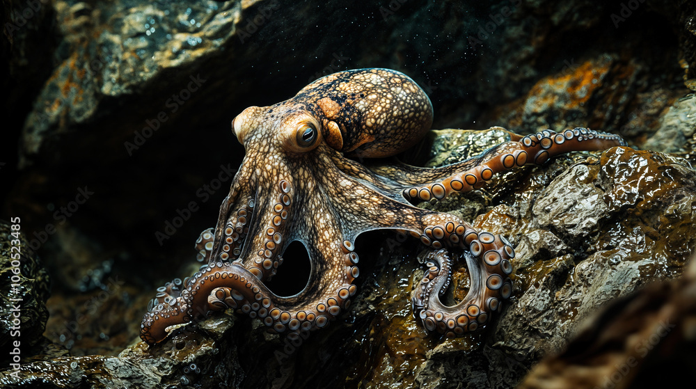 Obraz premium Close-up of a fascinating octopus resting on rocky terrain, showcasing its intricate patterns, tentacles, and adaptability in the marine environment