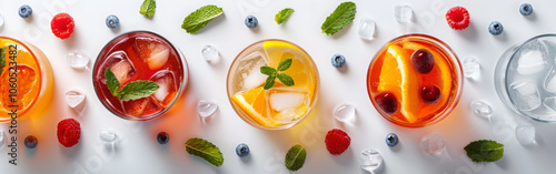 Refreshing cocktails arranged on white background, featuring vibrant colors and garnishes like mint, berries, and citrus. Perfect for summer gatherings and celebrations
