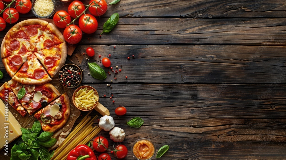 Tasty Italian cuisine options with pizzas and pastas on dark wood background. Plenty of room for text. Tasty Italian cuisine options with pizzas and pastas on dark wood background. Plenty of room for text.