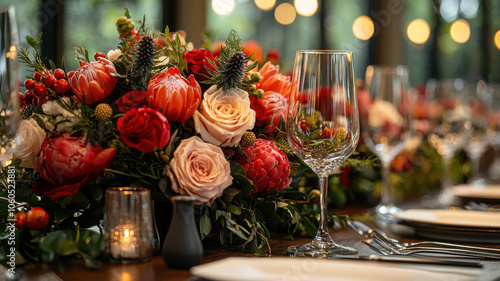 beautifully arranged floral centerpiece with vibrant roses, proteas, and greenery, set on dining table with elegant glassware, creating warm and inviting atmosphere