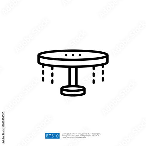 This image features a simple line drawing of a water fountain, showcasing a circular top with water droplets cascading down, symbolizing refreshment and leisure.