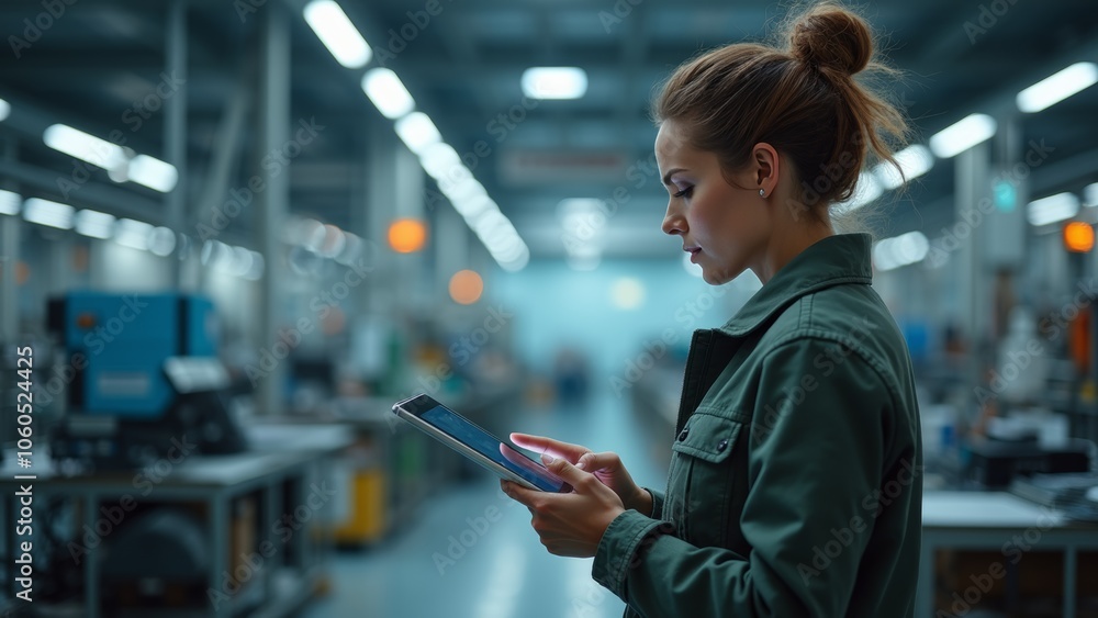 A Woman Inspects Digital Data on a Tablet in a Modern Industrial Setting During the Day A Woman Inspects Digital Data on a Tablet in a Modern Industrial Setting During the Day