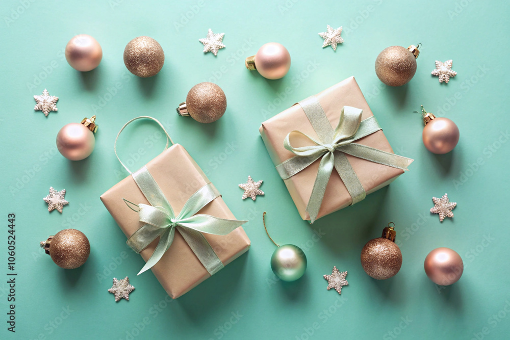 Neatly Wrapped Gifts and Small Ornaments on a Mint Background for Christmas and New Year Neatly Wrapped Gifts and Small Ornaments on a Mint Background for Christmas and New Year