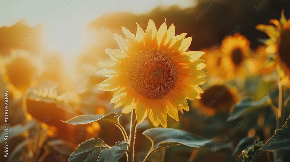 Naklejka premium Sunflowers garden, have abundant health benefits. Sunflower oil improves skin health and promote cell regeneration. Dawn in the sunflowers field during summer sunset