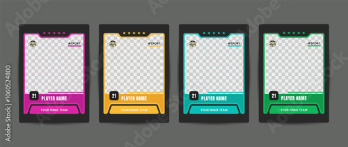 Set of trading frames for game sports card template, Four templates featuring player information on a black background photo