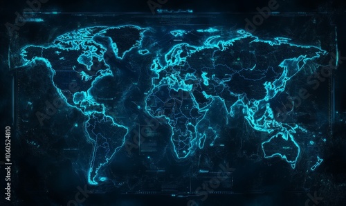 World map with digital backdrop and glowing blue accents photo