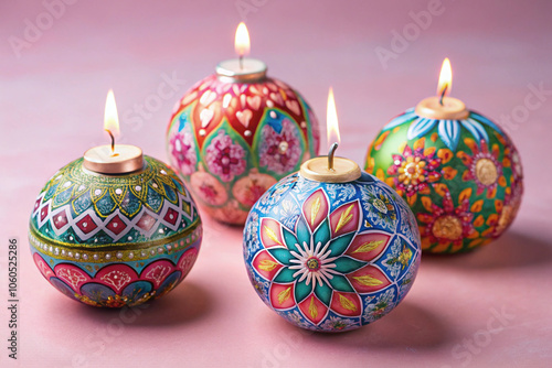 Hand-Painted Ornaments and a Tealight Candle on a Pink Background for Christmas and New Year