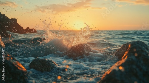 Scenic view of sea with with water splashing against rocks with majestic sunset in background, natural landscape