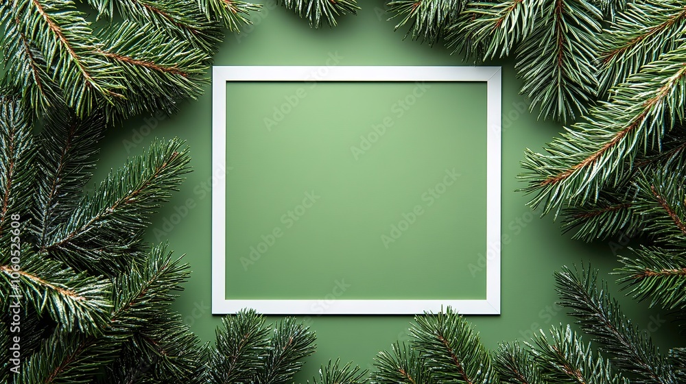 Green background with pine branches and empty frame Green background with pine branches and empty frame