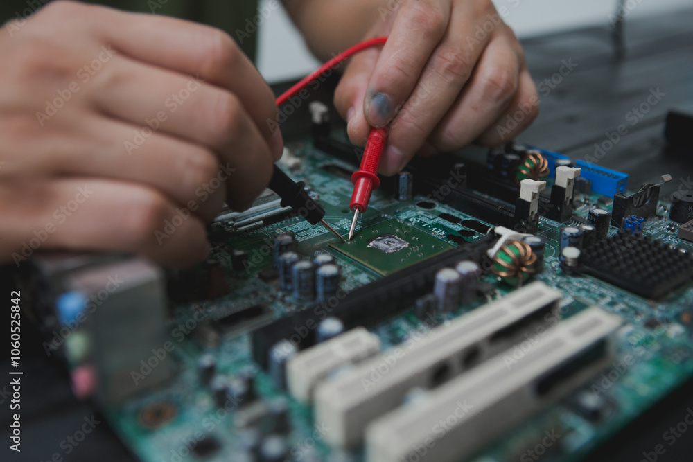 Asian male computer repairman is checking and fixing hardware problems on computers and replacing broken parts and improving performance. Asian male computer repairman is checking and fixing hardware problems on computers and replacing broken parts and improving performance.