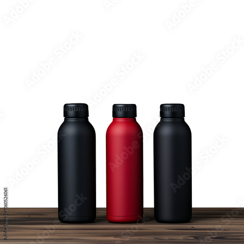 Set of three metallic water bottles in black, red, and matte black on a wooden surface