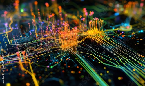 A close-up image of an artificial intelligence neural network processing chip, showing layers of interconnected nodes and colorful data paths photo