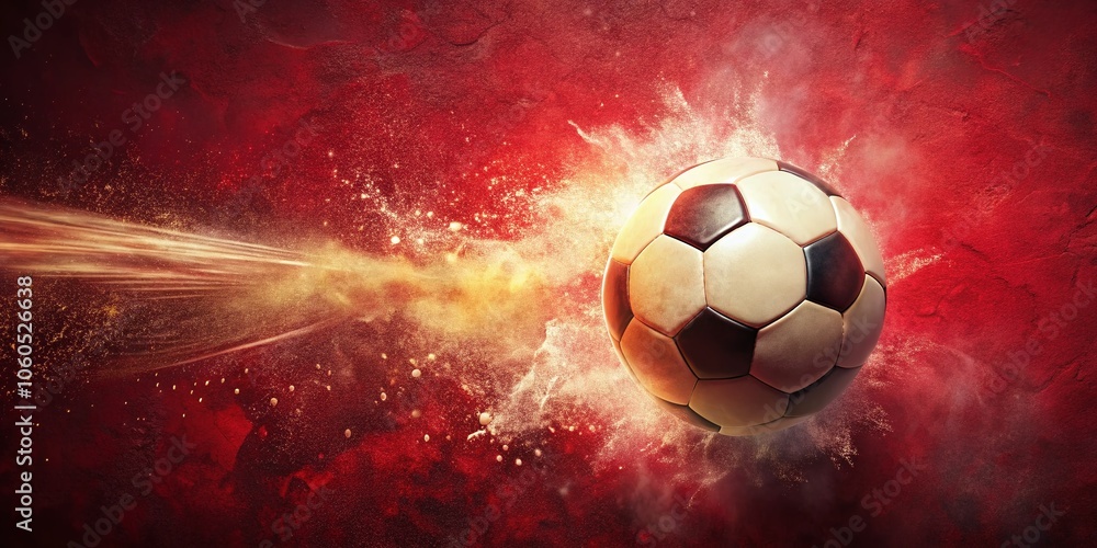Naklejka premium Dynamic Soccer Ball Breaking Through a Red Background in Vintage Style Photography for Sports Enthusiasts and Action Lovers