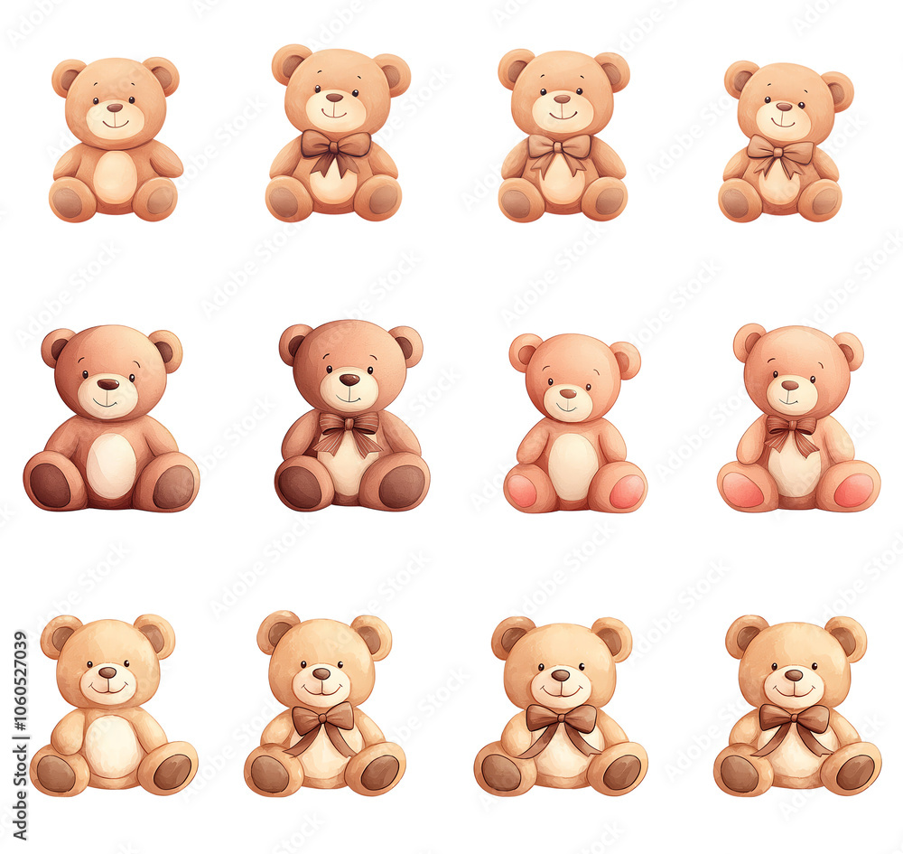 A collection of cute teddy bears in various poses, isolated on a white background. transparent background A collection of cute teddy bears in various poses, isolated on a white background. transparent background