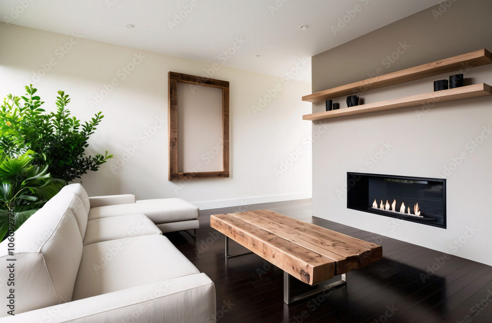 Fototapeta premium Minimalist interior design of modern living room. Rustic barn wood coffee table near corner sofa against wall with fireplace, frame and shelf