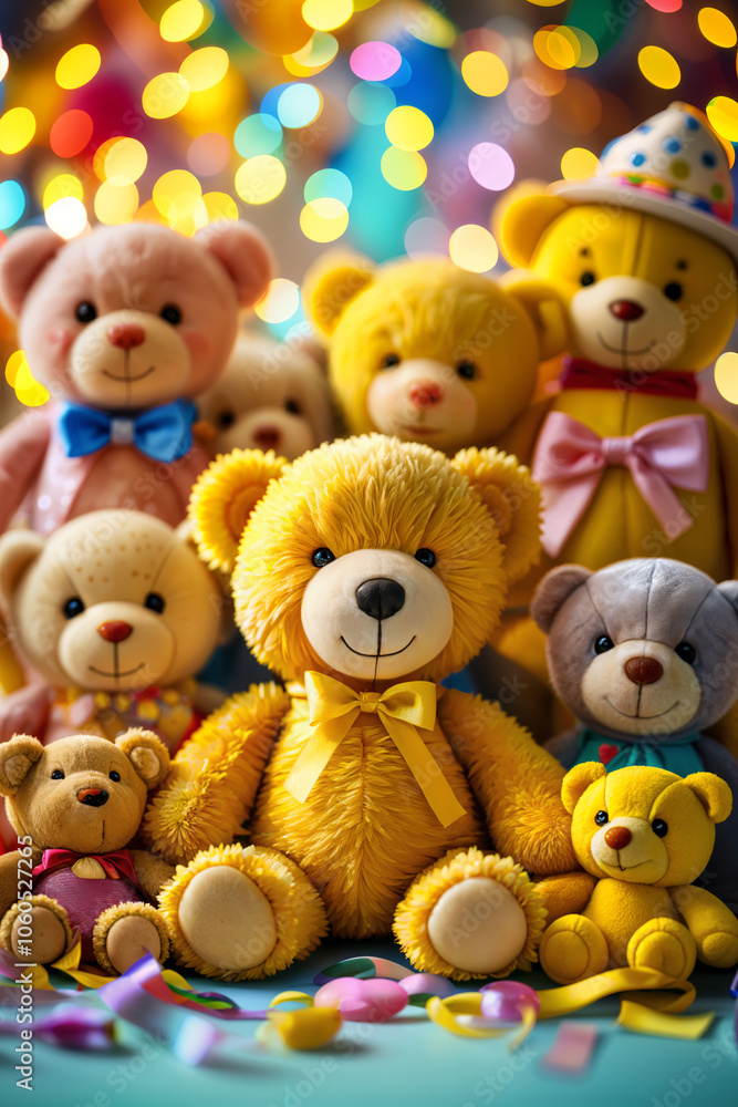 Group of teddy bears with various colors and accessories, such as bows and hats, arranged together against a colorful background that includes confetti and lights. Group of teddy bears with various colors and accessories, such as bows and hats, arranged together against a colorful background that includes confetti and lights.