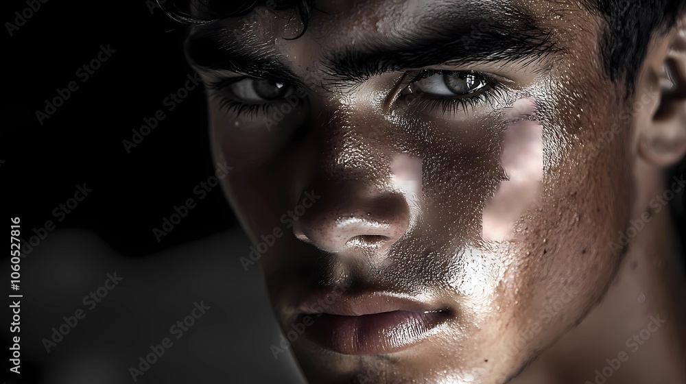High-contrast image of a young man with sweat-covered face, embodying resilience and determination. High-contrast image of a young man with sweat-covered face, embodying resilience and determination.