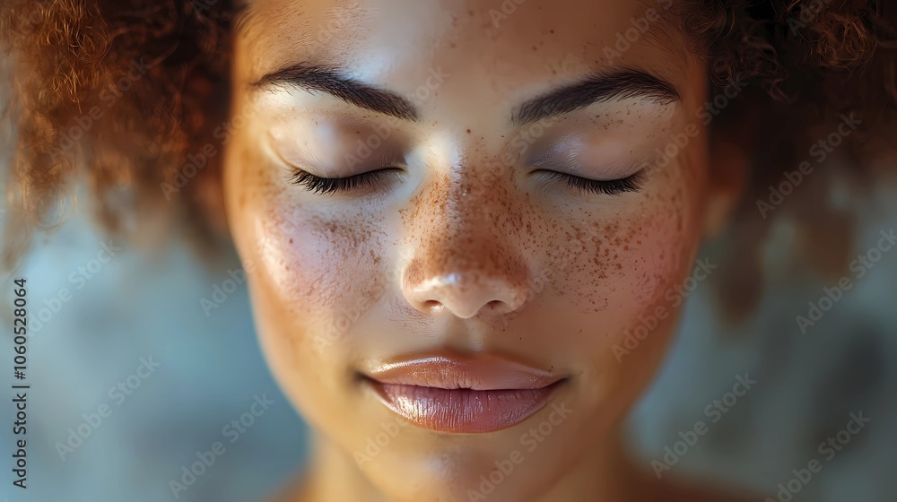 A close-up image of a young woman with closed eyes and freckles, projecting tranquility and warmth. A close-up image of a young woman with closed eyes and freckles, projecting tranquility and warmth.