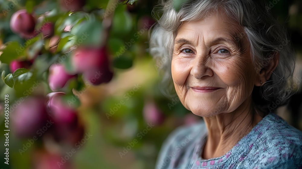 An elderly woman with a radiant smile stands in a garden surrounded by apples, bathed in natural light. An elderly woman with a radiant smile stands in a garden surrounded by apples, bathed in natural light.