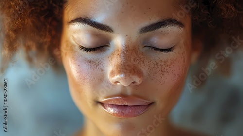 A close-up image of a young woman with closed eyes and freckles, projecting tranquility and warmth.