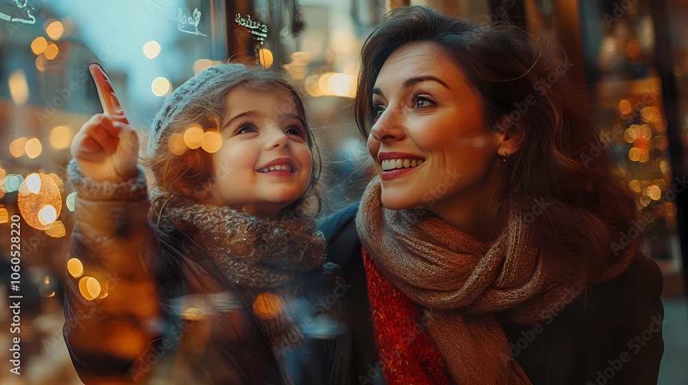 A mother and daughter share a joyful moment looking at holiday lights in a warmly lit festive setting. A mother and daughter share a joyful moment looking at holiday lights in a warmly lit festive setting.