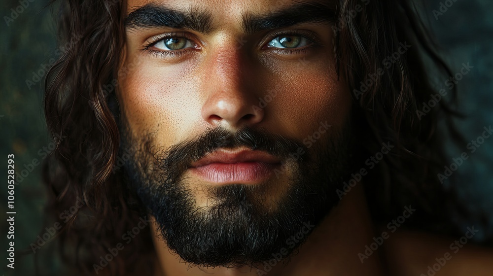 closeup portrait of a handsome, long-haired bearded man closeup portrait of a handsome, long-haired bearded man