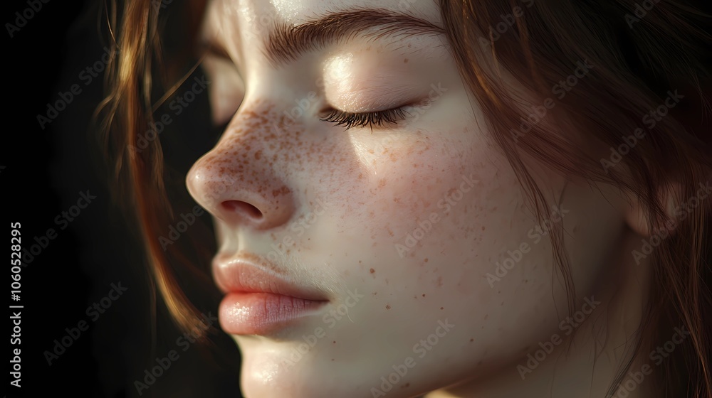 A close-up portrait of a serene face with freckles and closed eyes in gentle, artistic lighting. A close-up portrait of a serene face with freckles and closed eyes in gentle, artistic lighting.