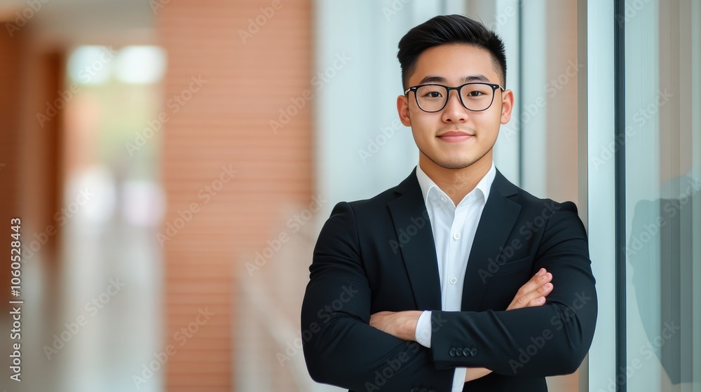 Fototapeta premium Confident Young Professional in Modern Office Setting