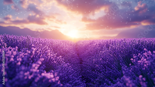 Expansive lavender field extending towards the horizon with a warm sunset in the background