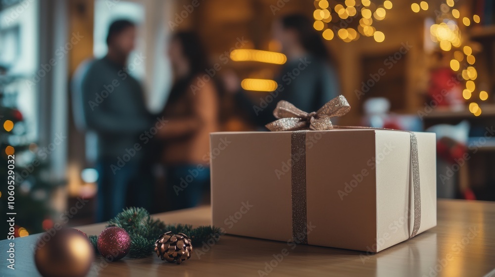 Cozy holiday gathering with gift box in a warmly lit room Cozy holiday gathering with gift box in a warmly lit room