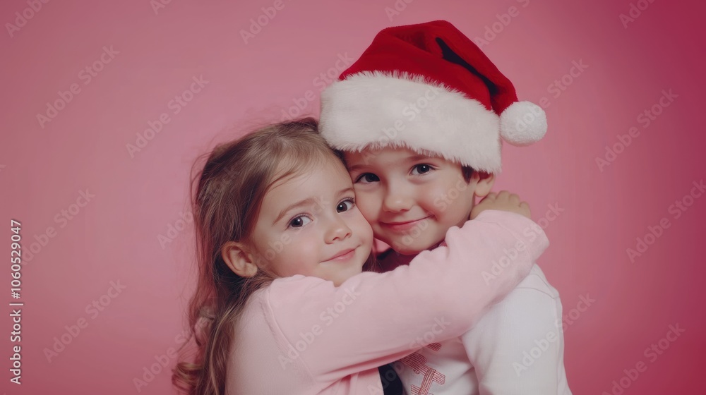 Two children embracing while wearing festive holiday attire Two children embracing while wearing festive holiday attire