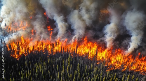 aerial view of forest wildfire, ecological disaster photo