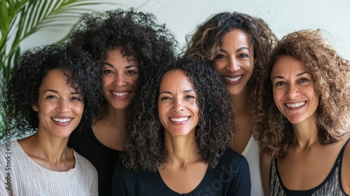 Five smiling women with curly hair posing together at home