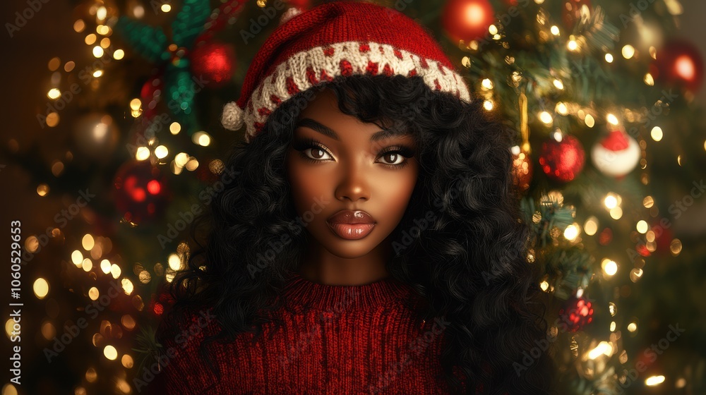 Young woman in a red sweater by a Christmas tree Young woman in a red sweater by a Christmas tree