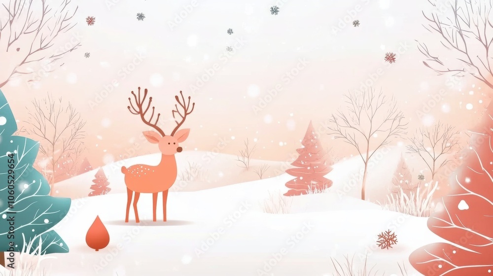 A serene winter landscape with a deer in a snowy forest setting A serene winter landscape with a deer in a snowy forest setting